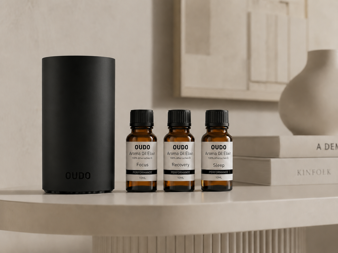 OUDO Aroma Oil Elixir neben wasserlosem Diffuser